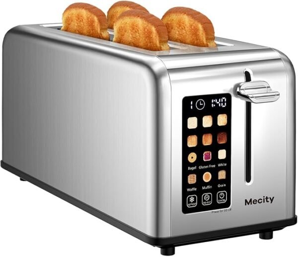 14.	Mecity 4 Slice Toaster Touch Screen 1.5" Long Slot, Stainless Steel Smart Bread Toaster for Bagel Muffin Waffle Gluten Free Breads, Timer, Defrost, Reheat, 120V 1400W