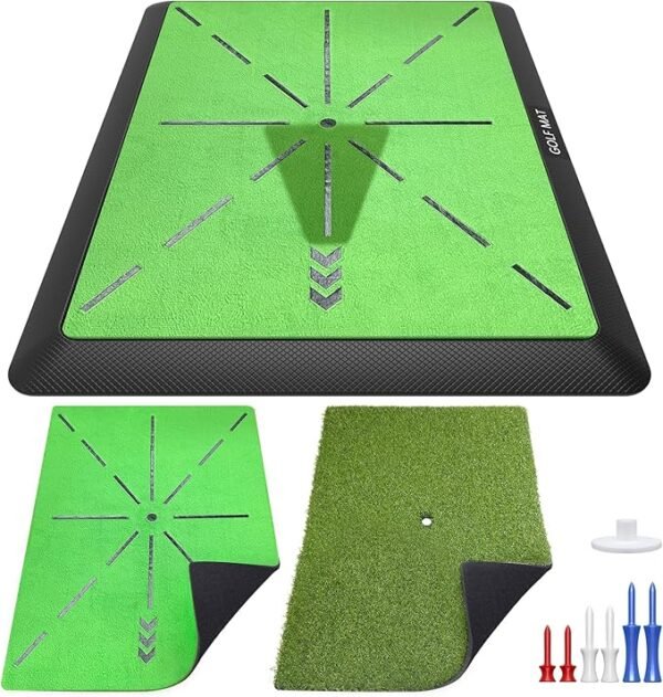 Golf Mat Artificial Turf | Golf Mats Practice Indoor & Outdoor | Golf Training/Hitting/Chipping Mat for Swing | Golf Gifts for Men with 3 Replaceable Golf Mat 16"x12"